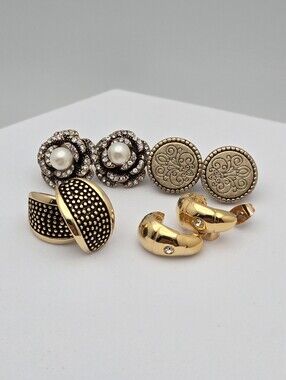4 Pair Earring Set Camellia Pearl Filigree Dome & Gold Huggie Earrings New